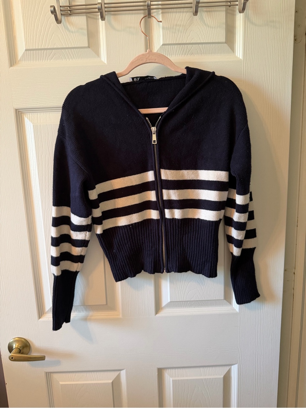 Zara Navy and White Striped Zip Hoodie Cardigan